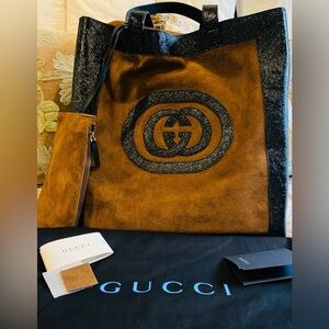 Gucci Ophelia Black Brown Suede Logo Tote Shoulder Bag NWT